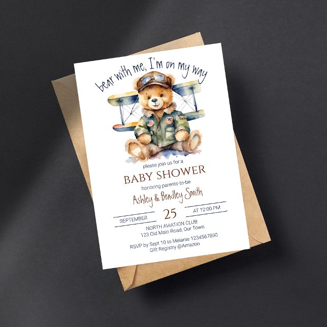 Invitation Petit baby shower pilote mignon ours en peluche (Tiny pilot teddy cute bear baby shower template invitation digital download vintage pilot jacket)
