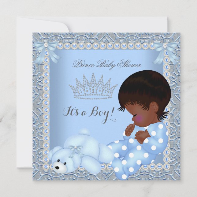 Invitation Petit Baby shower Prince Boy Blue Pearl Damask A2 (Devant)