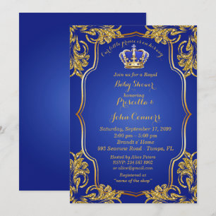 Invitation Petit Baby shower Prince Invitation, or, bleu