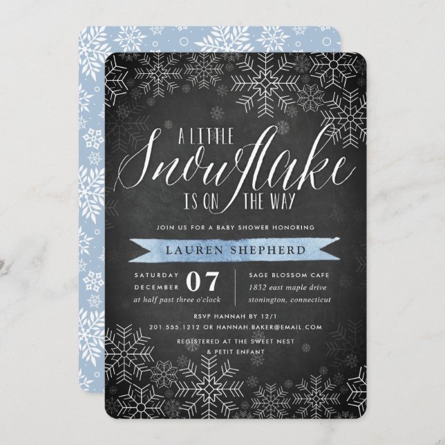 Invitation Petit Baby shower Snowflake Blue Chalkboard (Devant / Derrière)