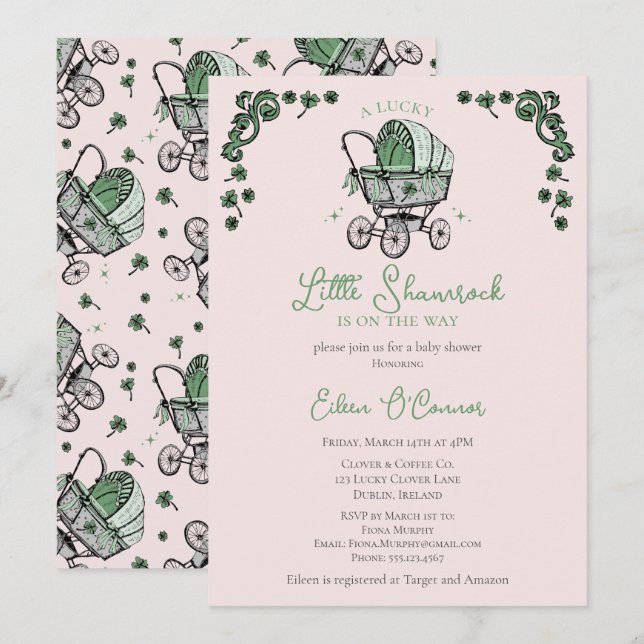 Invitation Petit Baby shower St patrick Shamrock rose (Devant / Derrière)