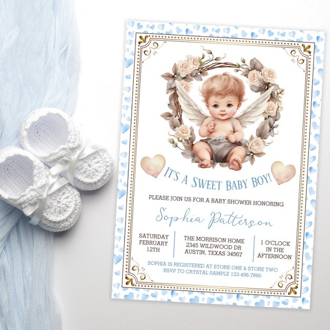 Invitation Petit Baby shower Sweet Valentine Cherub (Sweet baby boy baby shower invitation with cute little cherub on a blue watercolor heart background.)