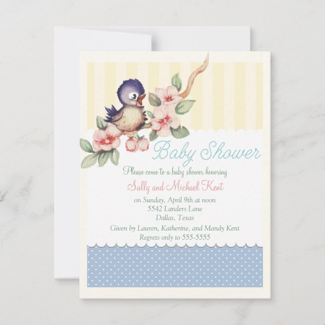 Invitation Petit baby shower vintage d'oiseau (Devant)