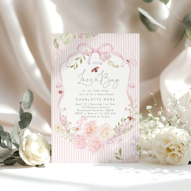Invitation Petit Baiser Rose Ruban Rayures Baby Shower (Créateur téléchargé)