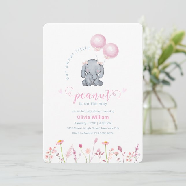 Invitation Petit Ballon Floral Éléphant Fête de Naissance d'A (Debout devant)