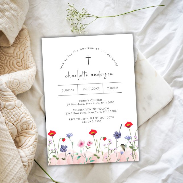 Invitation Petit Baptême de la Croix de Fleurs de l'été de pr (Meadow Summer Little Flower Cross Baptism Invitation)
