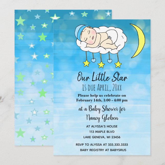 Invitation Petit Bébé Bleu étoiles et lunes garçons (Devant / Derrière)