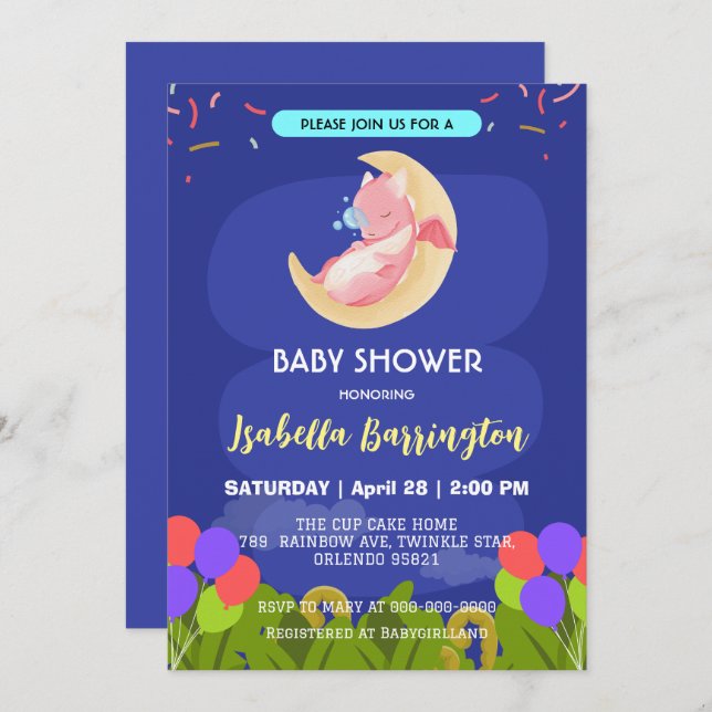 Invitation Petit bébé dragon dinosaure ballon fille baby show (Devant / Derrière)