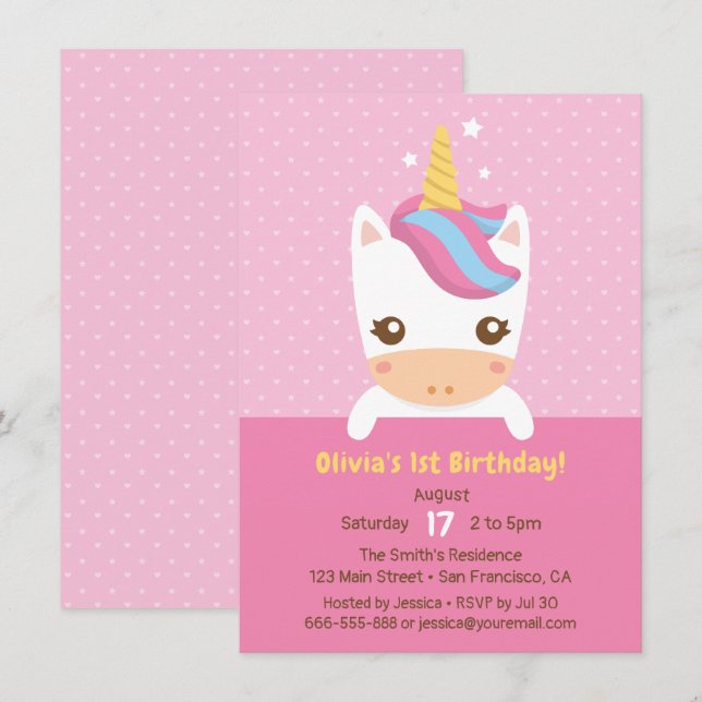 Invitation Petit Bébé mignon Unicorn Premier anniversaire fêt (Devant / Derrière)