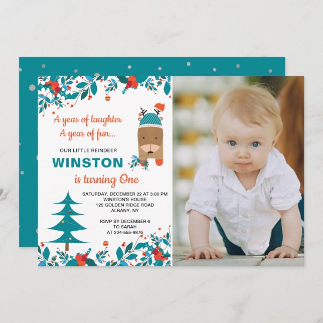 Invitation Petit Bleu Reindeer Noël Garçon Anniversaire Photo (Devant / Derrière)
