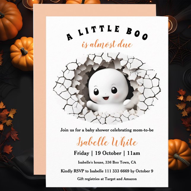 Invitation Petit Boo Est Presque Dû Pékin Baby shower Fantôme (Peeking baby ghost Halloween baby Shower Invitation, A little boo is almost due)