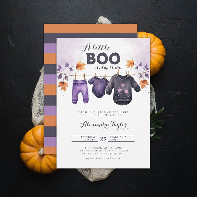 Invitation Petit Boo Halloween Automne Octobre Bébé Fille Dou (october baby shower ideas clothes line invitation halloween novermber fall leaves purple black)