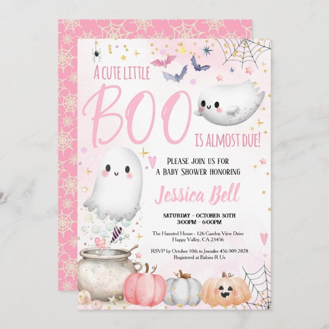 Invitation Petit Boo Halloween Baby shower fille rose (Devant / Derrière)