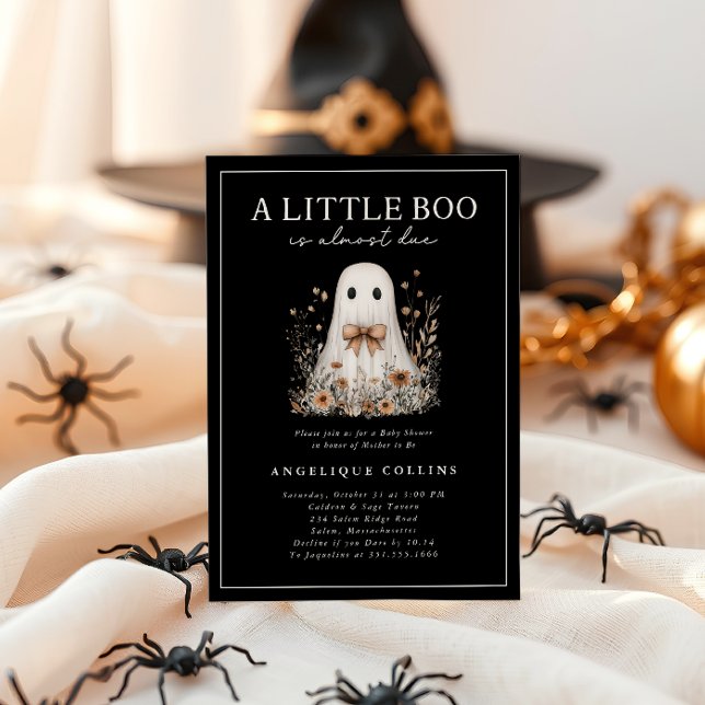 Invitation Petit Boo mignon Ghost Bow Baby shower Fleur sauva (A Little Boo is Almost Due - Ghost and wildflowers Baby Shower Invitation)