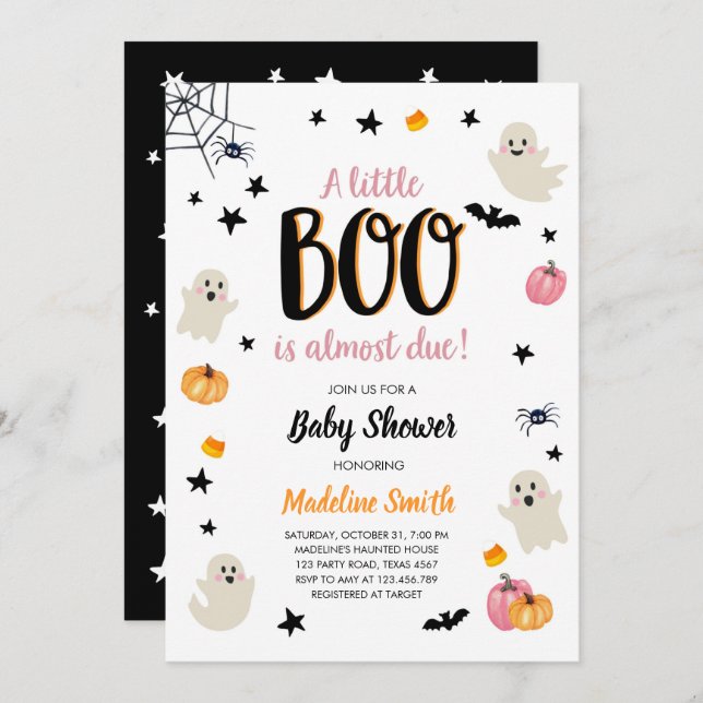 Invitation Petit Boo mignon Halloween Baby shower Fantôme ros (Devant / Derrière)