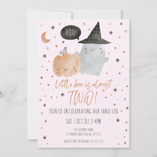 INVITATION PETIT BOO PRESQUE DEUX ANNIVERSAIRE - ROSE (Devant)