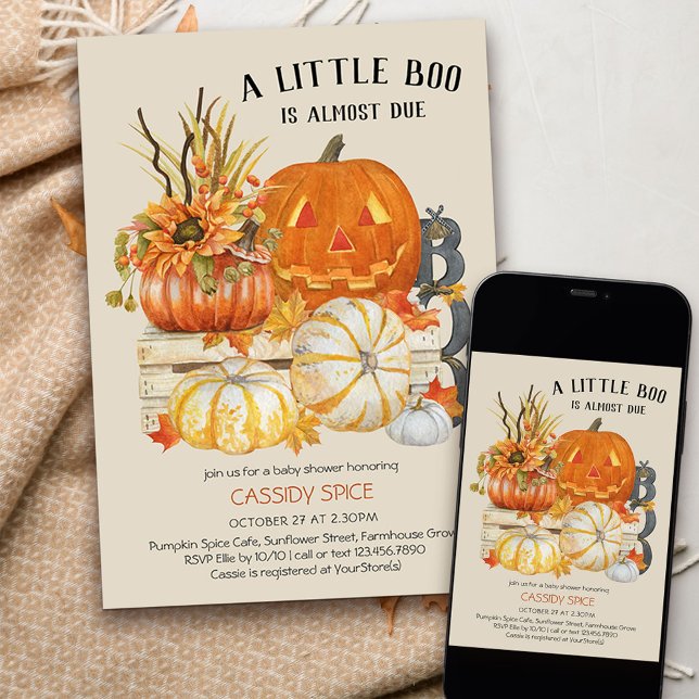 Invitation Petit Boo presque dû Rustique Citrouille Halloween (Little Boo is almost due invitation for halloween pumpkin themed baby shower)