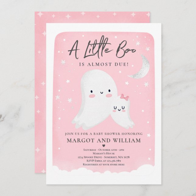 Invitation Petit Boo Rose Douche Halloween Baby shower Fantôm (Devant / Derrière)