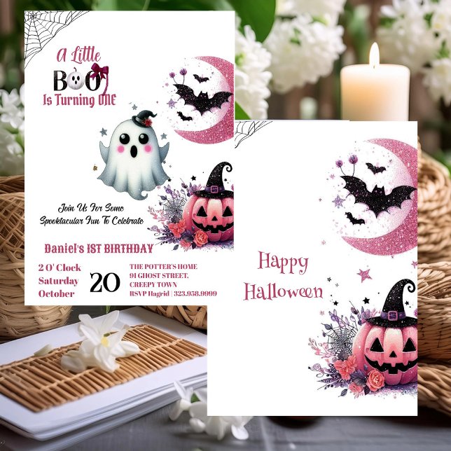 Invitation Petit Boo Rose Jack Half Moon Ghost 1er Anniversai (Little Boo Pink Jack Half Moon Ghost 1st Birthday Invitation)