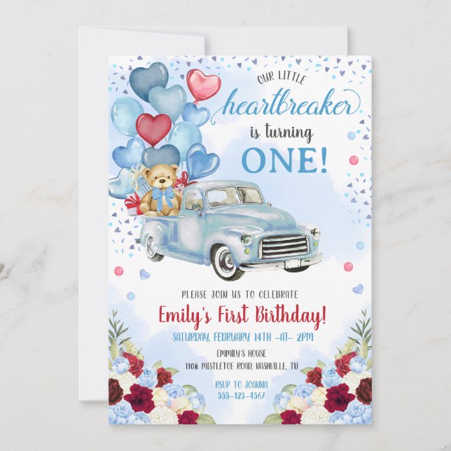 Invitation Petit brise-coeur Bleu Camion Ours Anniversaire (Devant)