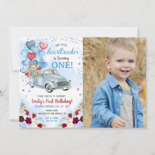 Invitation Petit brise-coeur Bleu Camion Ours Anniversaire Ph