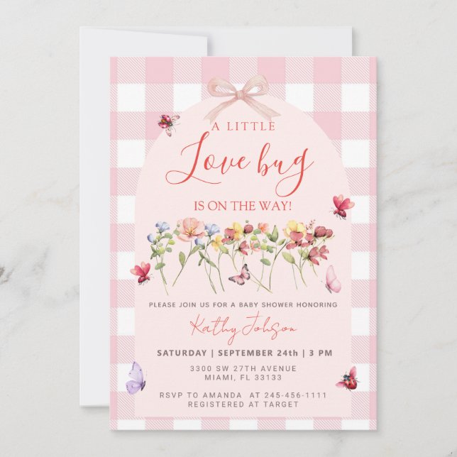 Invitation Petit Bug En Route Fête Bébé Fleur Sauvage Rose (Devant)