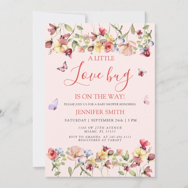 Invitation Petit Bug En Route Garden Rose Fête Prénatale  (Devant)