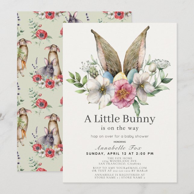 Invitation Petit Bunny Ear Baby shower vert fleuri (Devant / Derrière)