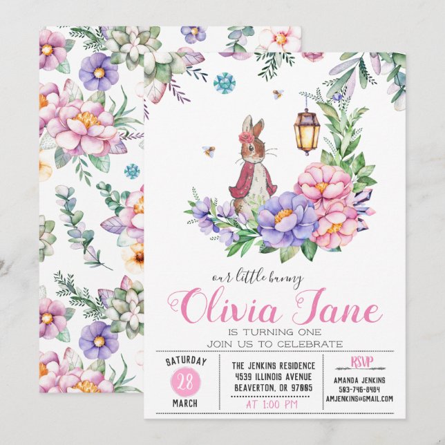 Invitation Petit Bunny Printemps Anniversaire (Devant / Derrière)