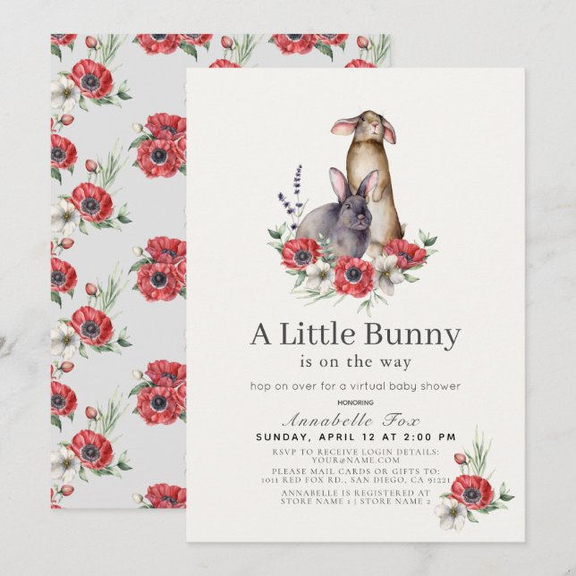 Invitation Petit Bunny Red Anemone Baby shower virtuel (Devant / Derrière)