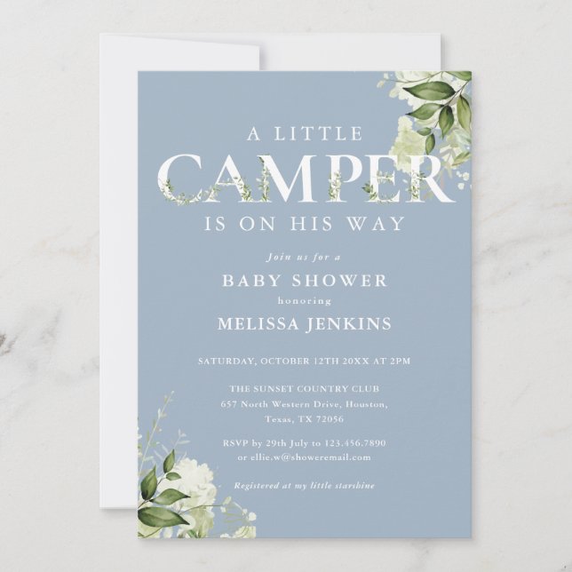 Invitation Petit Camper Dusty Baby shower de verdure bleu (Devant)