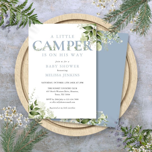 Invitation Petit Camper Dusty Baby shower de verdure bleu (Little Camper Dusty Blue Greenery Baby Shower Invitation)