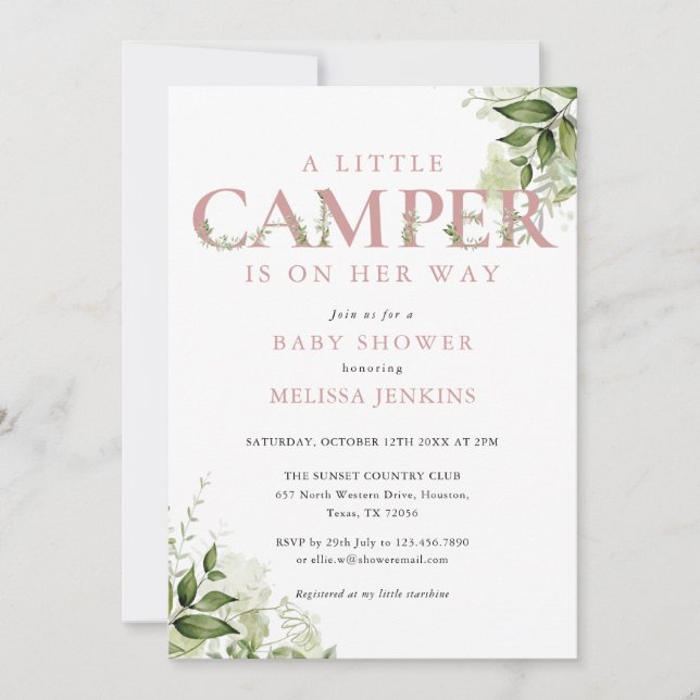 Invitation Petit Camper Dusty Rose Baby shower verdoyant (Devant)