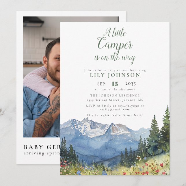 Invitation Petit Camper Mountain Baby shower photo Code QR (Devant / Derrière)