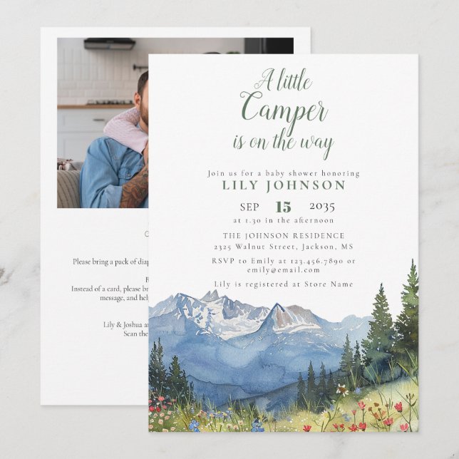Invitation Petit Camper Mountain Baby shower photo Code QR (Devant / Derrière)