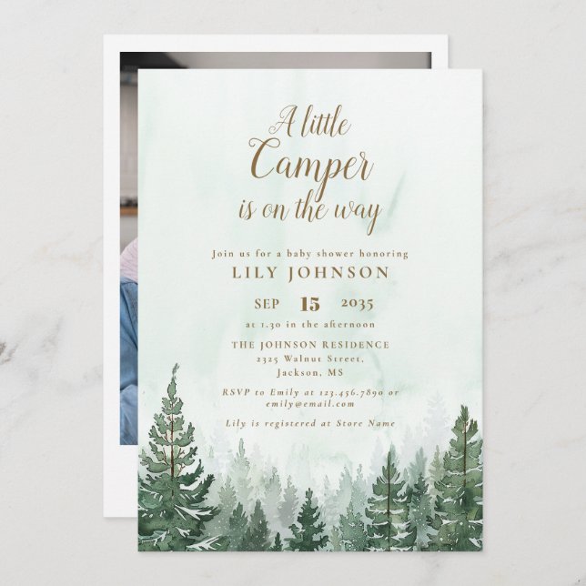 Invitation Petit Camper Pine Forest Baby shower Photo (Devant / Derrière)