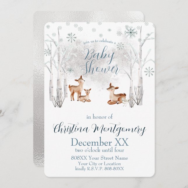 Invitation Petit cerf dans une forêt d'hiver de bois blanc (Devant / Derrière)