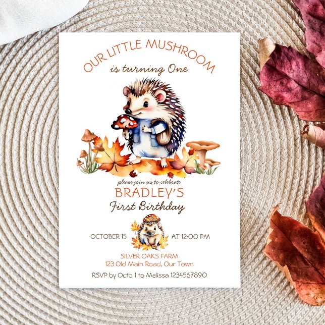 Invitation Petit champignon mignon hérisson champignons anniv (Little mushroom birthday party template invitation instant download cute hedgehog with mushroom fall)