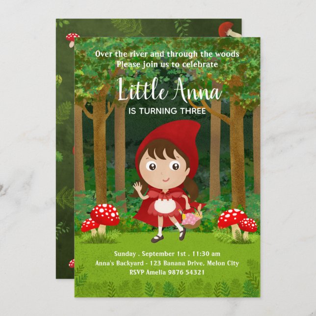 Invitation Petit chaperon rouge| Anniversaire de la fille des (Devant / Derrière)