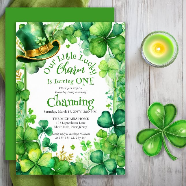 Invitation Petit Charme Chanceux 1er Anniversaire St-Patrick (Our Little Lucky Charm Is Turning ONE Saint Patrick's Day 1st Birthday Party Invitation - Print Digi)