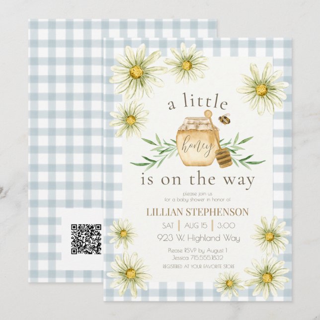 Invitation Petit Chéri En Route Fête Bébé QR Code Bleu  (Devant / Derrière)