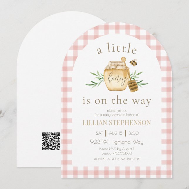 Invitation Petit Chéri En Route Fête Bébé QR Rose  (Devant / Derrière)