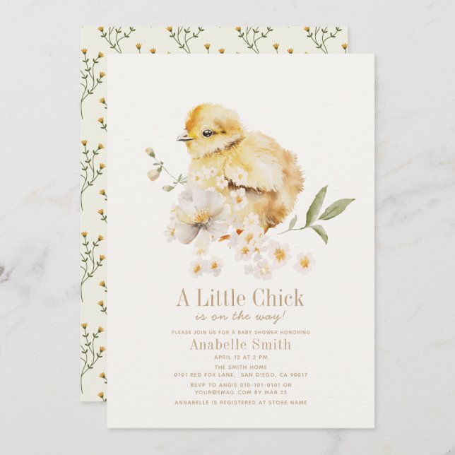 Invitation Petit Chick Aquarelle Floral Girl Baby shower (Devant / Derrière)
