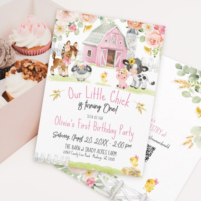 Invitation Petit Chick Farm Barnyard Floral Girl Anniversaire (Our Little Chick watercolor farm girl barnyard animals floral pink 1st birthday party invitation)