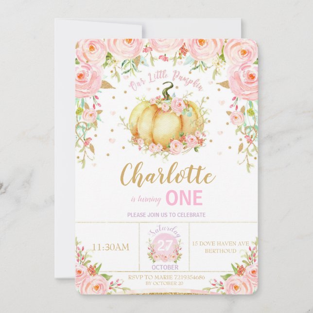 Invitation Petit Citrouille 1er anniversaire fille rose flora (Devant)