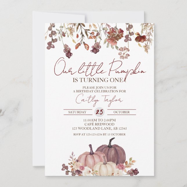 Invitation Petit Citrouille 1er anniversaire, Floral 1er anni (Devant)