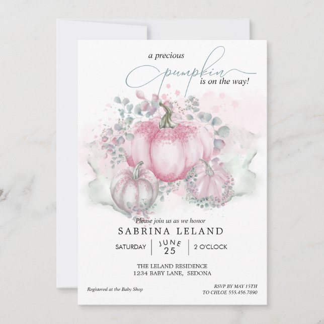 Invitation Petit Citrouille Aquarelle rose Baby shower fille (Devant)