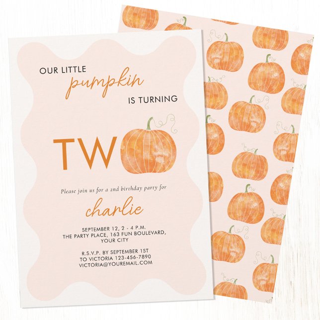 Invitation Petit Citrouille Automne Deuxième Automne 2e Anniv (Our little pumpkin is turning two 2nd birthday autumn fall party invitation with custom text)