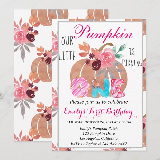 Invitation Petit Citrouille Automne Donut Candy 1er Anniversa (Devant / Derrière)