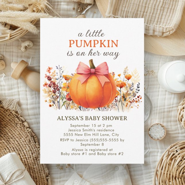 Invitation Petit Citrouille Automne Floral Boho Girl Baby sho (Cute little girl baby shower "A little pumpkin is on her way" invitation)